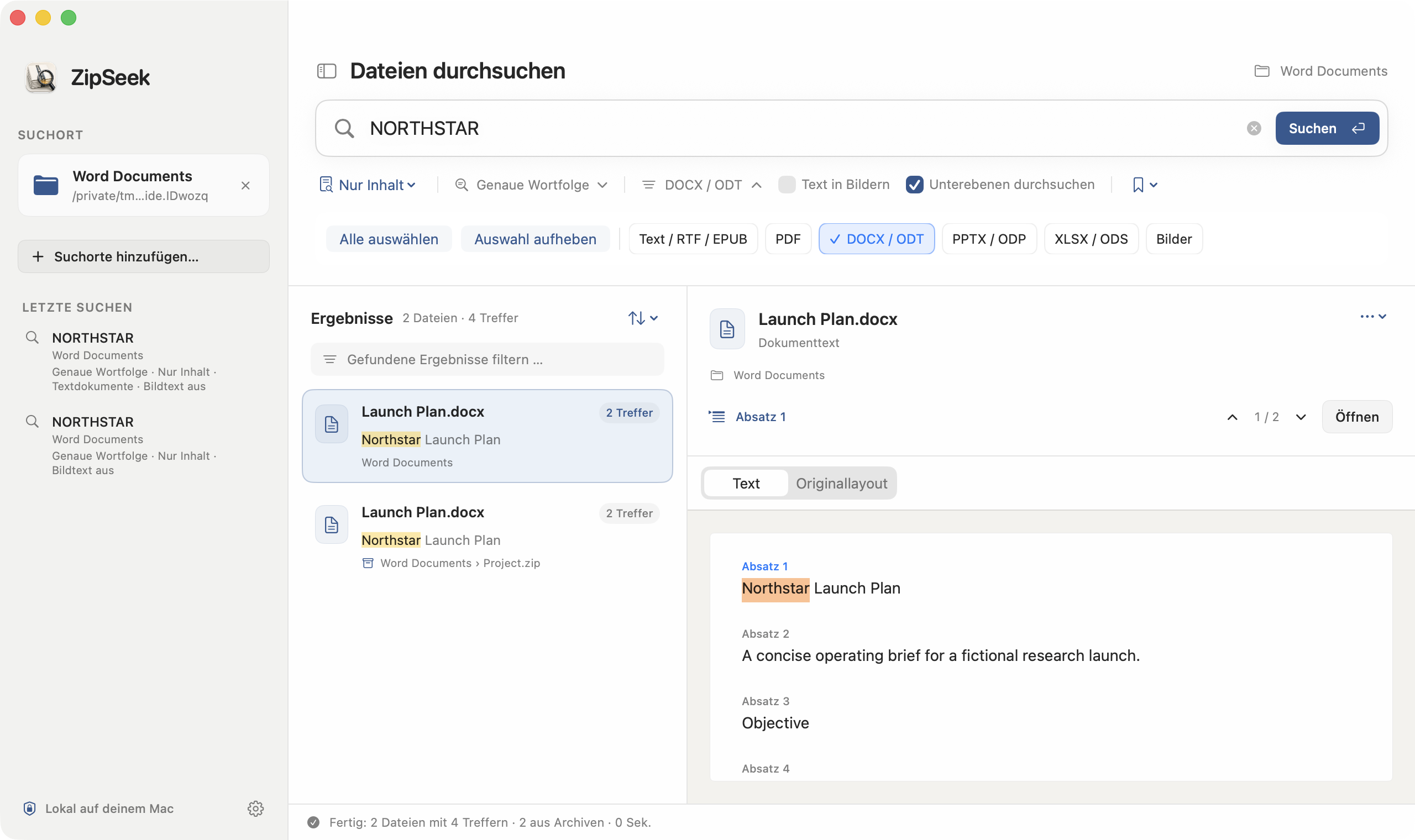 ZipSeek durchsucht einen Ordner nach DOCX-Inhalten; DOCX / ODT ist ausgewählt und ein Absatz hervorgehoben.