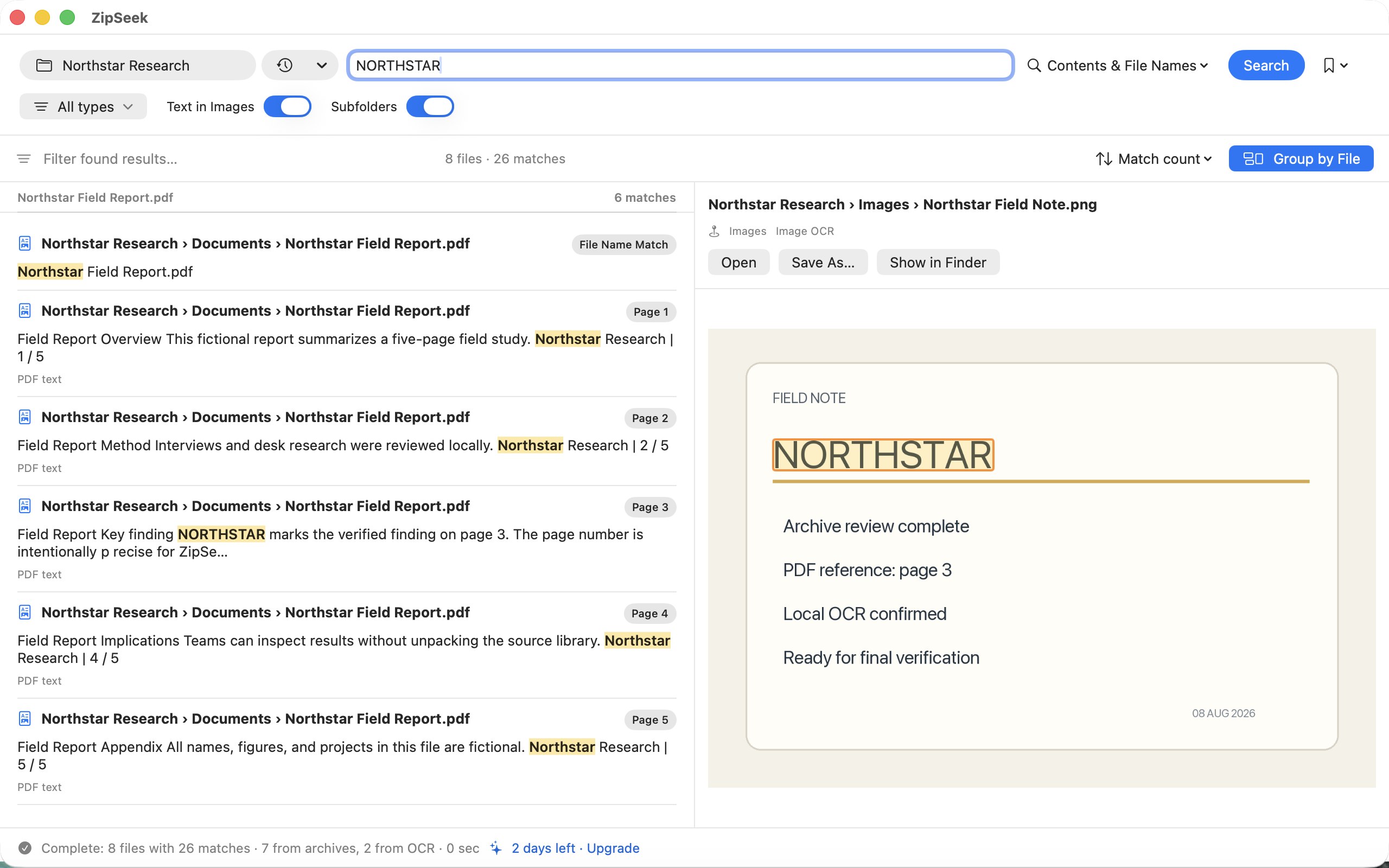 ZipSeek search results and document preview