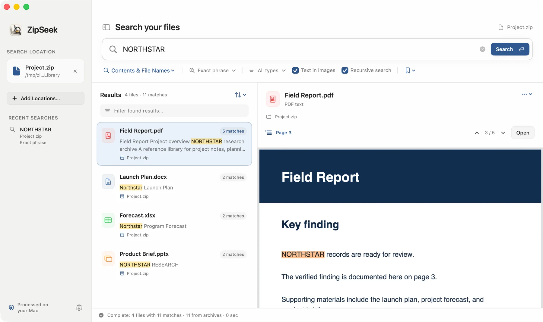 ZipSeek searches document content inside a ZIP archive