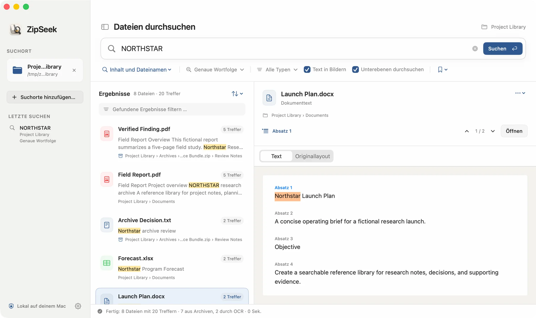 ZipSeek search results and document preview