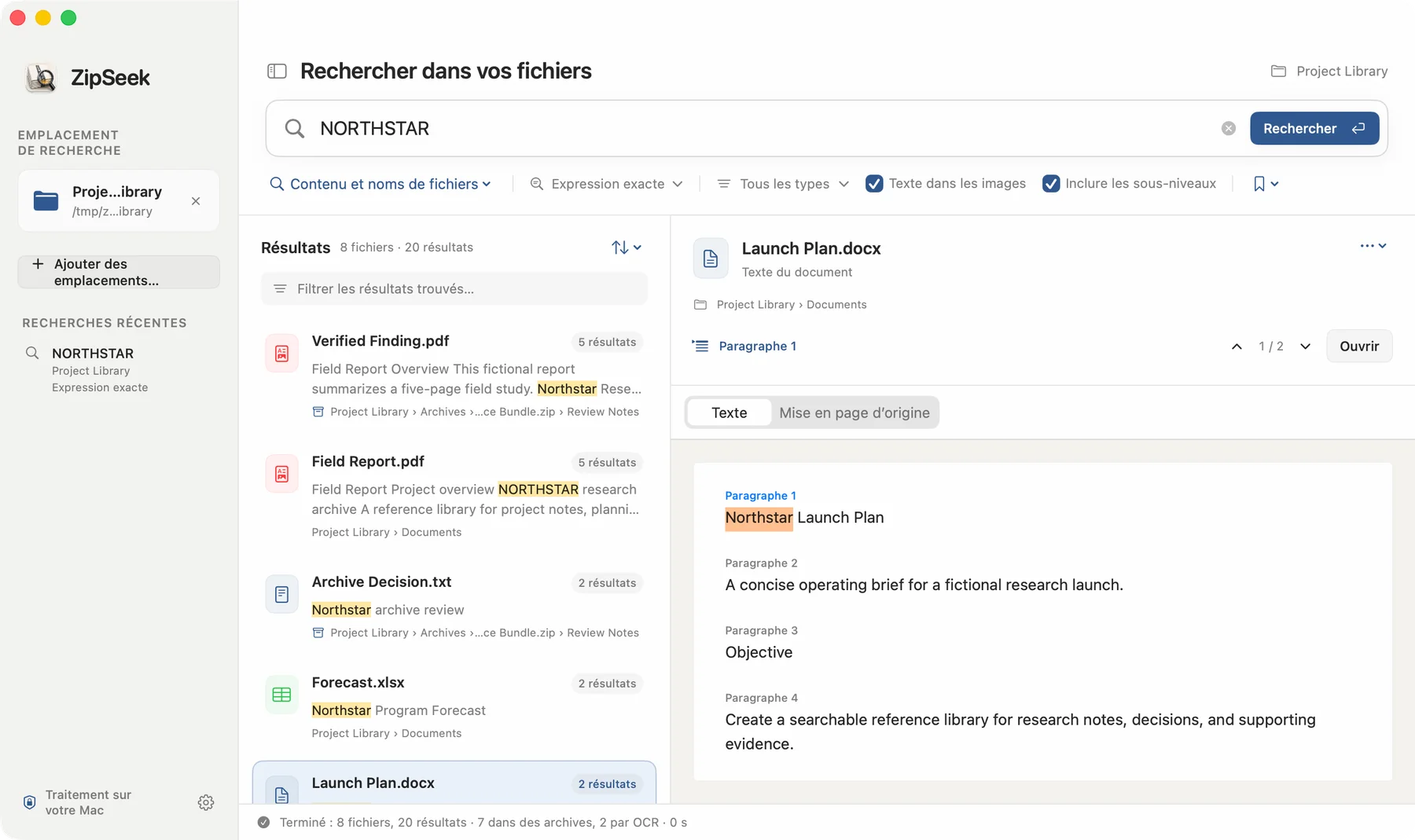 ZipSeek recherche dans un dossier et affiche les résultats dans les PDF, documents Word, classeurs Excel et archives.