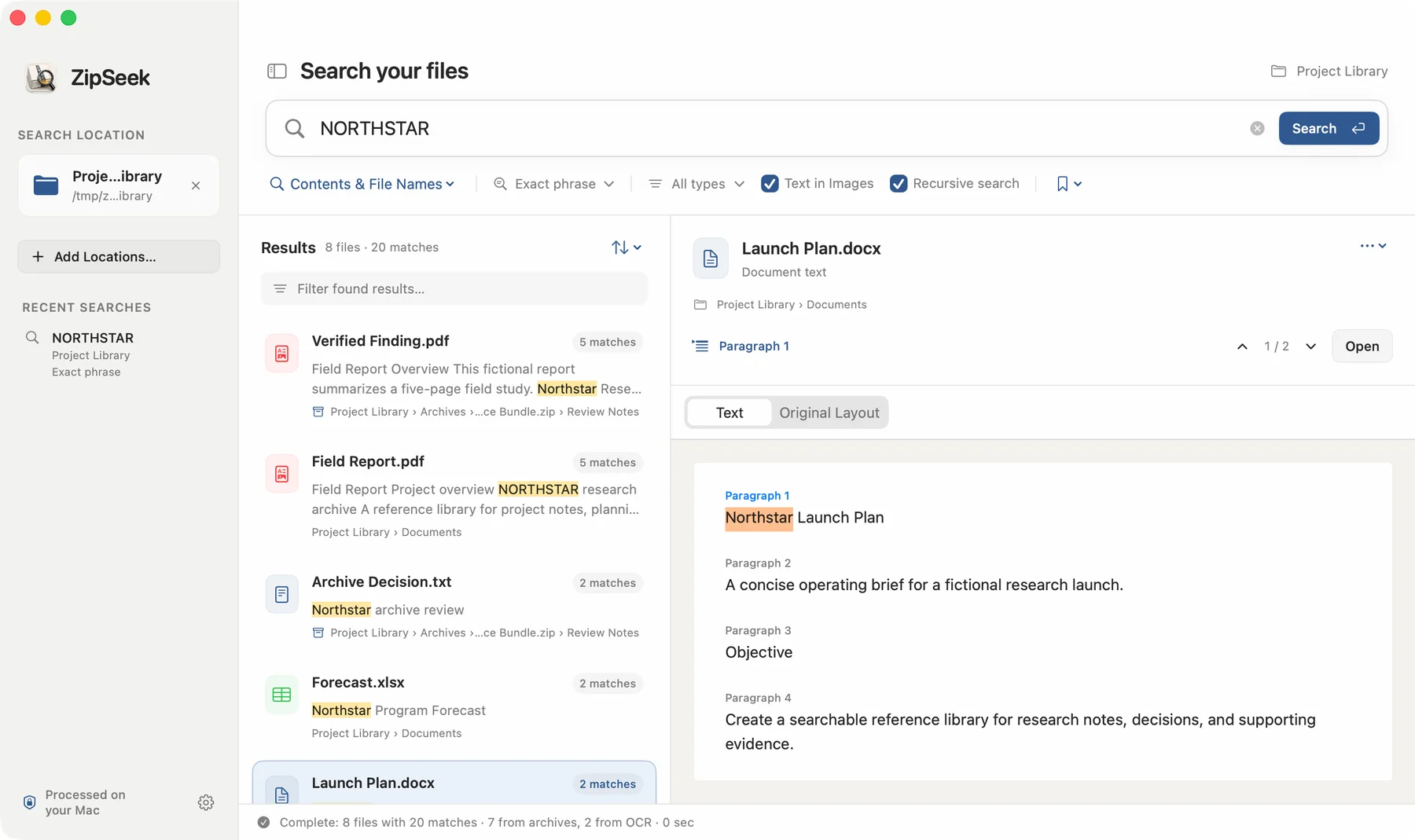 ZipSeek searches a folder and shows matching PDF, Word, Excel and archived files.